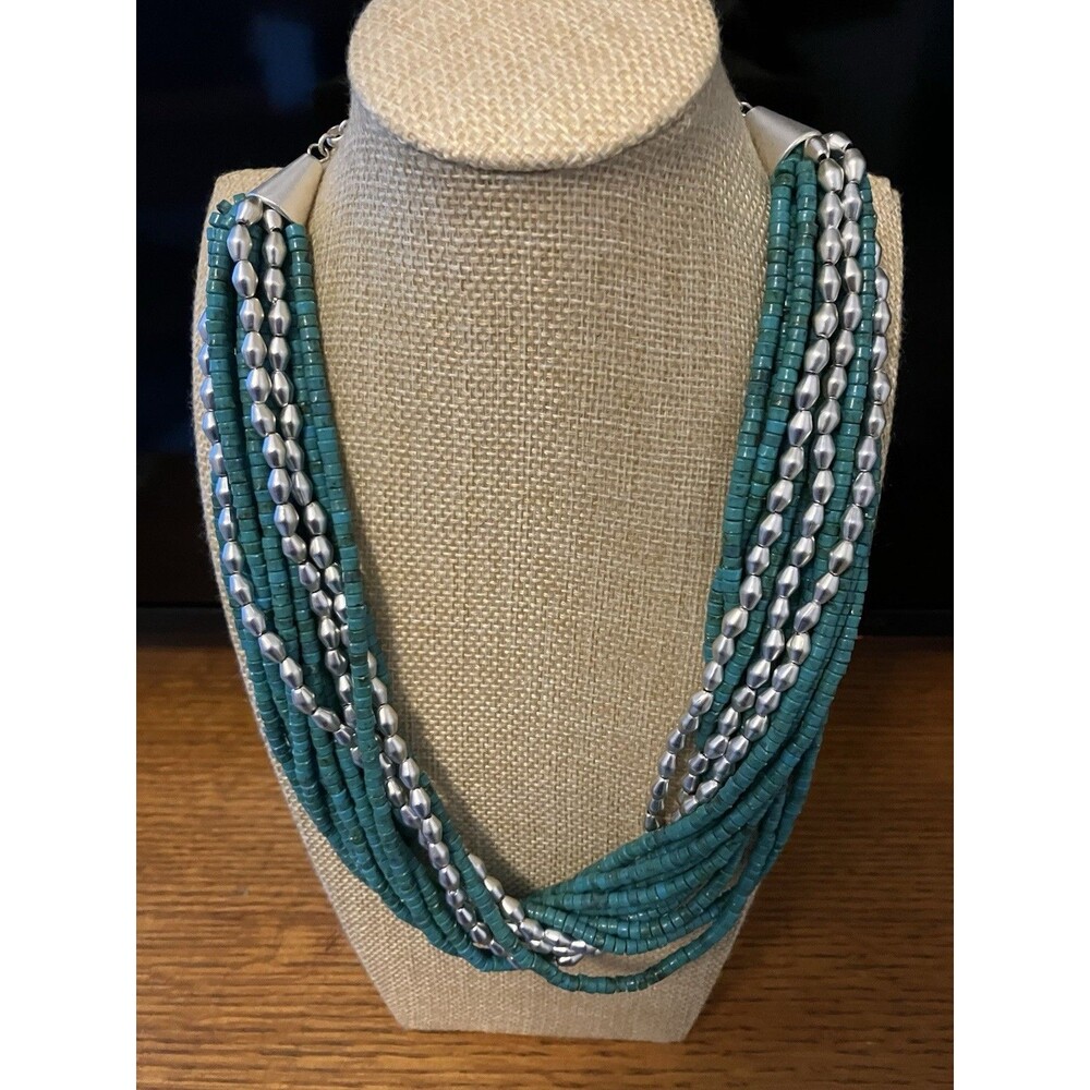 Kenneth Cole Necklace Turquoise Blue, Silver Tone Beaded Statement Multi-strand